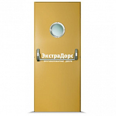 Противопожарная дверь желтая со стеклянным иллюминатором